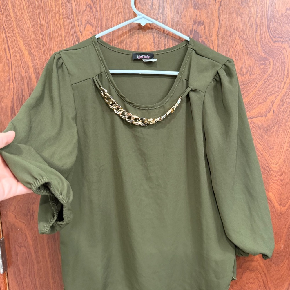 Top Fashion New York Olive Green Blouse Long Sleeve Chain Detail Plus Size - Picture 3 of 7